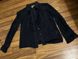 Tory Burch Damen Gr. 0 Seide Metallic Rüschen Bluse schwarz transparent Knopfleiste L - Bild 1 von 14