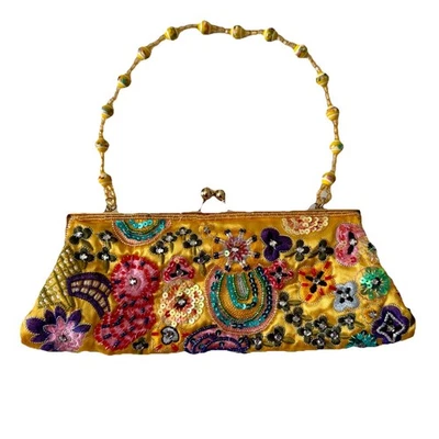 BOHO Women’s Unique Yellow Floral Satin Embroidered Sequin Beaded Clutch Bag - Image 1 of 4