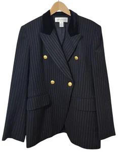 Vintage Jones New York 100 % Wolle schwarz Nadelstreifen zweireihiger Blazer Jacke Gr. 8 - Bild 1 von 7