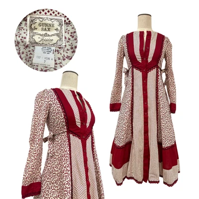 Vestido Vintage Años 70 Gunne Sax Jessica McClintock Rojo Micro Floral Corbatas Laterales Talla 7 Foto 1 de 4