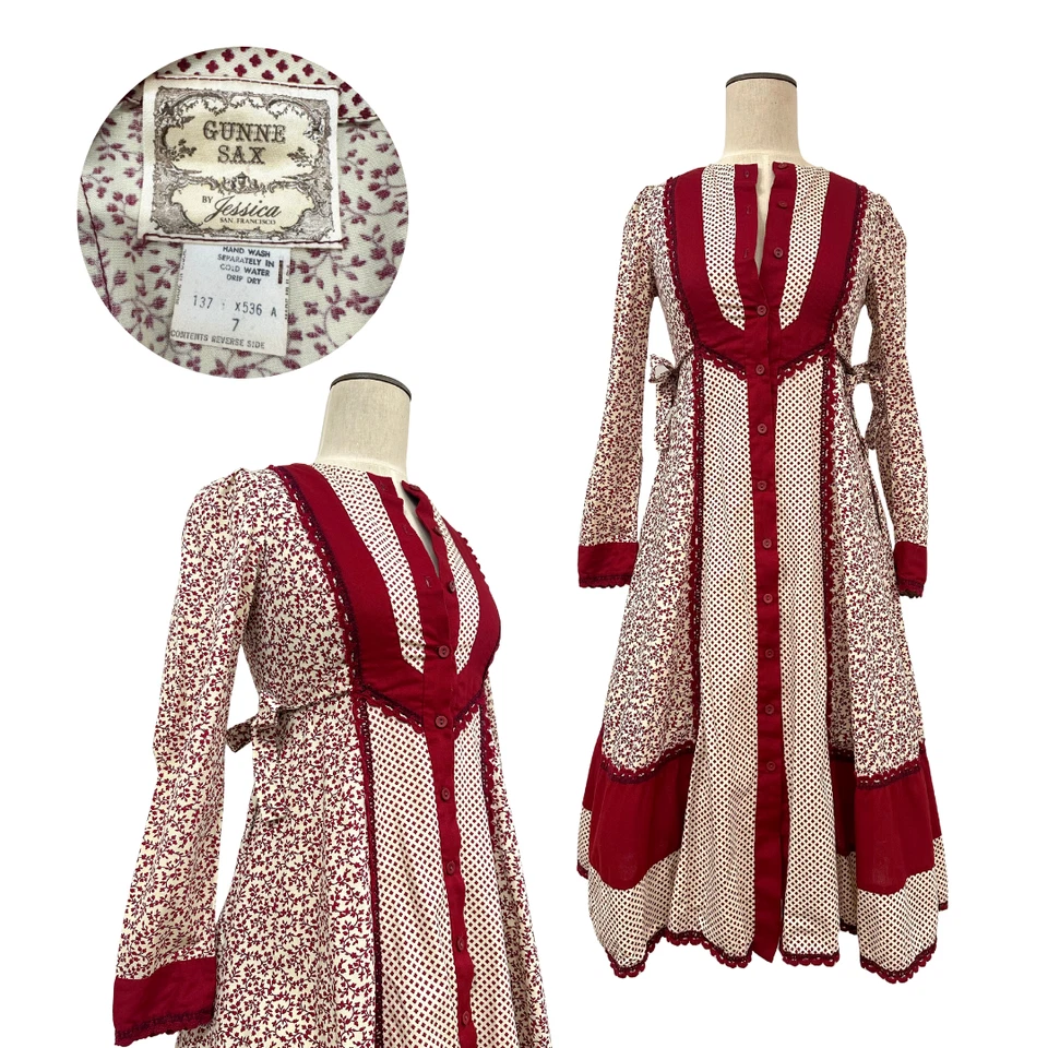 Vintage 1970s Gunne Sax Jessica McClintock Red Micro Floral Side Ties Dress Sz 7 - Image 1 of 4