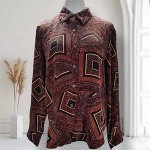 Vintage 90s Scarf Print Silk Button Up Size L Relaxed Fit Long Sleeve Blouse - Picture 1 of 11
