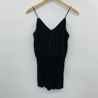 New Look Womens Size 4 Spaghetti Strap Sleeveless Crinkle Metallic Romper Black - Image 1 of 4