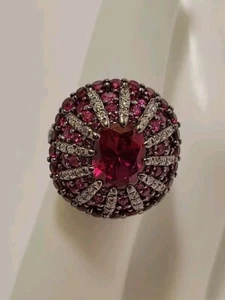 Jean Dousset Lab Created roter Granat & simulierter Diamant Kuppelring 925 Größe 6,75 - Bild 1 von 12