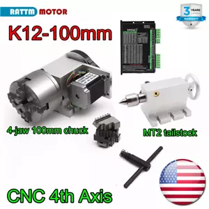 「US」K12-100mm CNC A 4th Axis 4 Jaw Chuck Rotation A-Axis Ratio 6:1 +Motor Driver - Picture 1 of 22