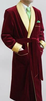 Velvet Quilted Robe for Men Vintage Smoking Dressing Gown Long Jacket Bathrobes - Image 1 of 4