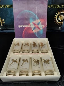 Set Of 8 Gold Frosted Game Bird Glasses by Federal Libbey Mint In Original Box - Picture 1 of 4