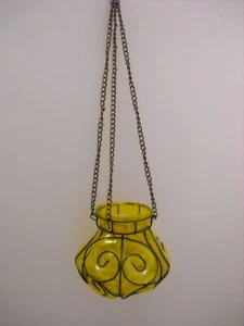 Vintage Hanging Yellow Glass and Metal Flower Pot Chain Candle Holder - Picture 1 of 15