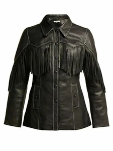 NEW BRAND Women's Black Fringe Leather Shirt Soft Sheepskin Causal Slim FitShirt - Picture 1 of 4