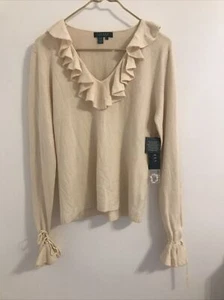 NWT Lauren Ralph Lauren Womens Silk Cashmere Sweater Size L Ivory Ruffles V Neck - Picture 1 of 7