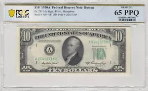 $10 1950A FEDERAL RESERVE NOTE Fr.2011-A PCGS GEM UNC 65 PPQ - Picture 1 of 2