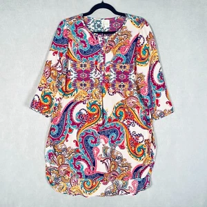 Fig Flower Anthropologie Top Womens L Blue Pullover Paisley Tunic Cottage - Imagen 1 de 14