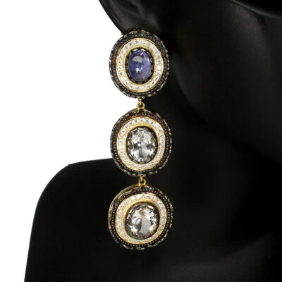 Orecchini In Argento Sterling 925 Ovali Con Acquamarina E Tanzanite Gioielli - Immagine 1 di 4