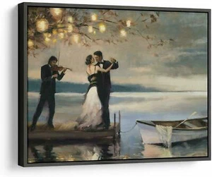 Twilight Romantic Couple Dancing by Lake Oil Painting Wall Art Home Decor with F - Picture 1 of 10