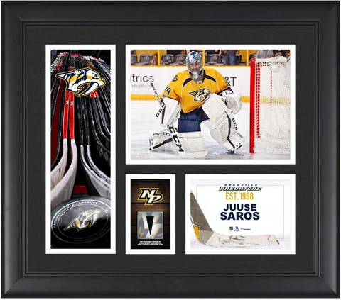 Juuse Saros Nashville Predators Framed 15x17 Collage & Piece of G-U Puck Cover
