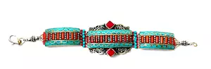Tibetischer Stil Armband Rot Türkis Intarsien Ethno Metall Schmuck - Bild 1 von 5