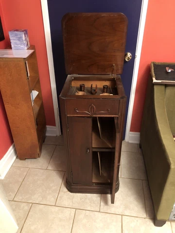 Antique Cabinet Sheet Music Record Chest Cigarette/pipe holder top of cabinet Cover