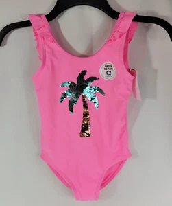 Oshkosh Girls Size 6/6X Flip Sequin One Piece Swimsuit w/ Palm Tree in Pink NWT - Picture 1 of 8