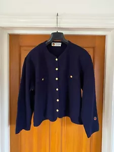 Cardigan corto Busnel blu navy 100% lana UK 12 bottoni oro vintage Francia - Foto 1 di 9