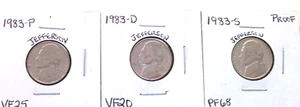 1983-P VERY FINE PLUS / 1983-D VERY FINE / 1983-S HIGH END PROOF NICKELS - Picture 1 of 7
