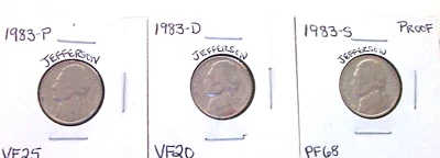 1983-P VERY FINE PLUS / 1983-D VERY FINE / 1983-S HIGH END PROOF NICKELS - Image 1 of 4