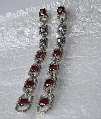 Sehr lange OHRHÄNGER 925Silber Echte EDELSTEINE 14K Weißverg Rubin ,Tansanit 6cm - Bild 1 von 4
