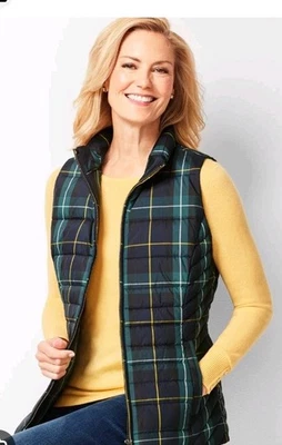 Talbots Womens XL Down Puffer Vest Blue Red Tartan Plaid Pockets Full Zip B7 - Image 1 of 4