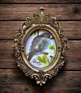 Mourning Dove & Magnolia mini art watercolor print in vintage style ornate frame - Picture 1 of 7