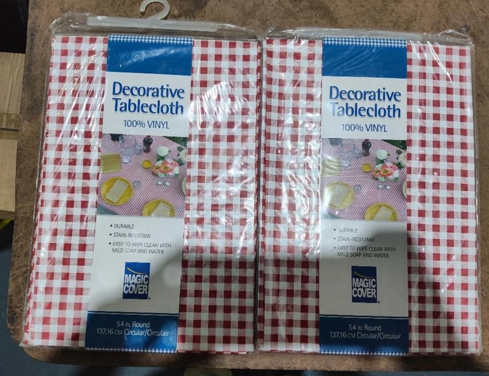 Disposable Tablecloth 54'' D Round Vinyl Red/White Checkered, Magic Cover (2-PK) - Image 1 of 4
