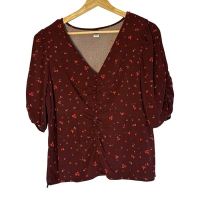 Top de mujer Old azul marino borgoña floral cuello en V manga acanalada mediano Foto 1 de 4