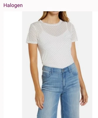 Nuevo con etiquetas Top halógeno cuello redondo marfil/negro punto malla talla S Foto 1 de 4