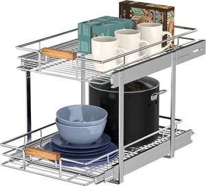Pull Out Cabinet Organizer(11" W x 21" D), 2 Tier Wire Basket Slide Out Shelf - Picture 1 of 6