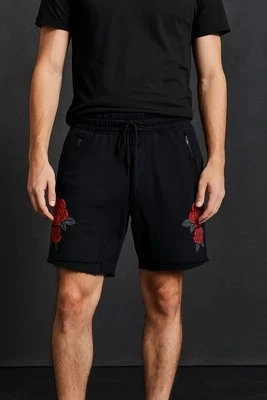 Pacsun Black Sweat Shorts Men M Rose Embroidered Thick Floral Streetwear Grunge - Image 1 of 4