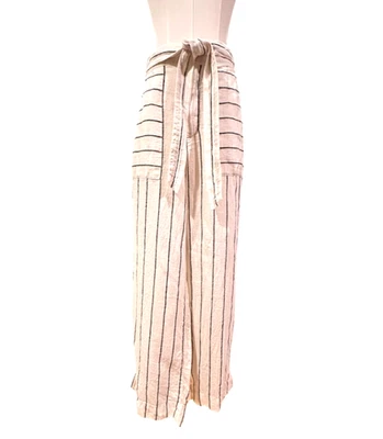 Pantalón H by Halston Blanco Negro Rayas Lino Pierna Ancha Corbata Cinturón Talla 6 Costero  Foto 1 de 4