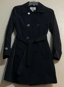 London Fog Trench Coat Women Sz S Black Double Breasted Belted Rain - Picture 1 of 14