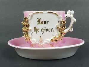 Antique Vintage Love the Giver Teacup & Saucer Applied Flowers Pink Gold Germany - Picture 1 of 12