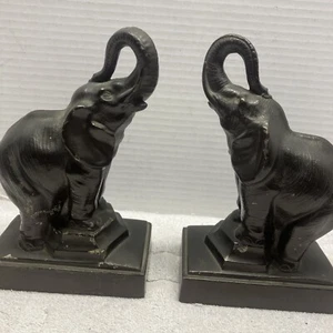 CAST IRON ELEPHANT BOOKENDS Vintage Mid 20th Century Brown Tone, Trunks up - Picture 1 of 12
