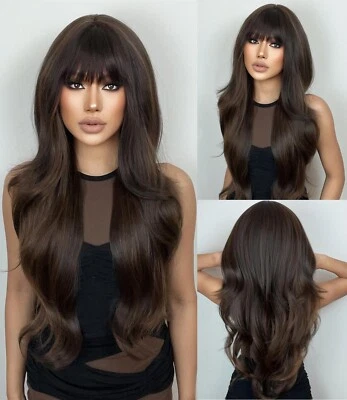Women Long Wavy Dark brown Synthetic Hair Heat Resistant Dress Up Wig With Bangs - Image 1 of 4