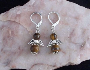 Tigers Eye Guardian Angel, 925 Silver LeverBack Earrings.Handmade In Gift Bag - Picture 1 of 5