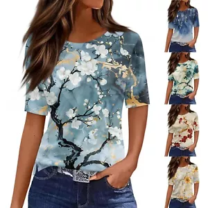 T Shirts For Women Round Neck Dressy Casual Blouses Printing Short Sleeve - Picture 1 of 27