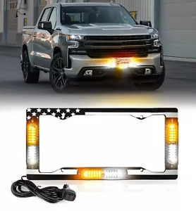 Xprite 13.5" 36 LEDS License Plate Strobe Lights w/ USA Flag Frames Amber White - Foto 1 di 7