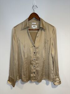 Talbots Vintage 90s Silk Blend Gold Collared V-Neck Button Down Shirt Size 10