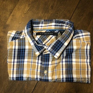 Sean John Shirt Adult XXL Blue & Gold Plaid Button Up Casual Short Sleeve Mens - Picture 1 of 4