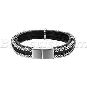 Men's Genuine Leather Wheat Stainless Steel Magnetic Buckle Bracelet Bangle Cuff - Picture 1 of 15