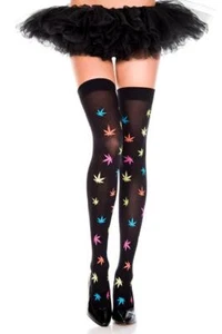 NEW sexy MUSIC LEGS weed MARIJUANA leaf LEAVES opaque THIGH highs HI stockings - Picture 1 of 2