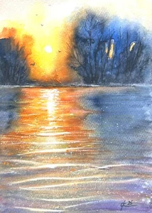 Original watercolour Painting bright sunset on the river Wall Decorate Sunset - Picture 1 of 9
