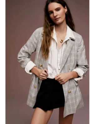 Free People Womens Olivia Long Plaid Check Work Blazer Jacket Size L - Image 1 of 4