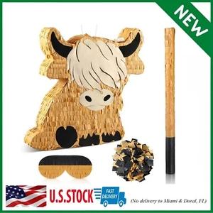 Cute Highland Cow Piñata Party Supplies Piñata with Blindfold Bat Confetti - Picture 1 of 7