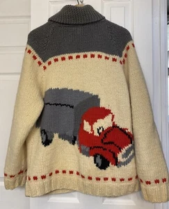 VTG 60’s Rockabilly Cowichan Sweater Sz XXL Mack Truck Knit Wool Cardigan FLAW - Picture 1 of 20