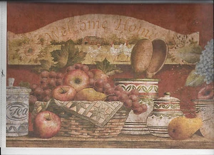 * KITCHEN BASKET FRUIT FLOWERS POTTERY WALLPAPER BORDER COUNTRY HOME APPLE RED - Picture 1 of 4